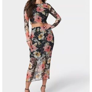 BEBE MESH PRINTED TWO PIECE LONG SLEEVE SET